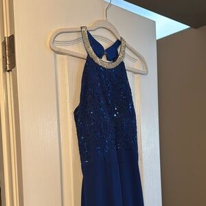 Elegant Blue Sequin Halter Dress